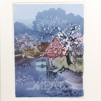 Farbholzschnitt 'Frühlingslandschaft mit Bauernhaus am Bach''