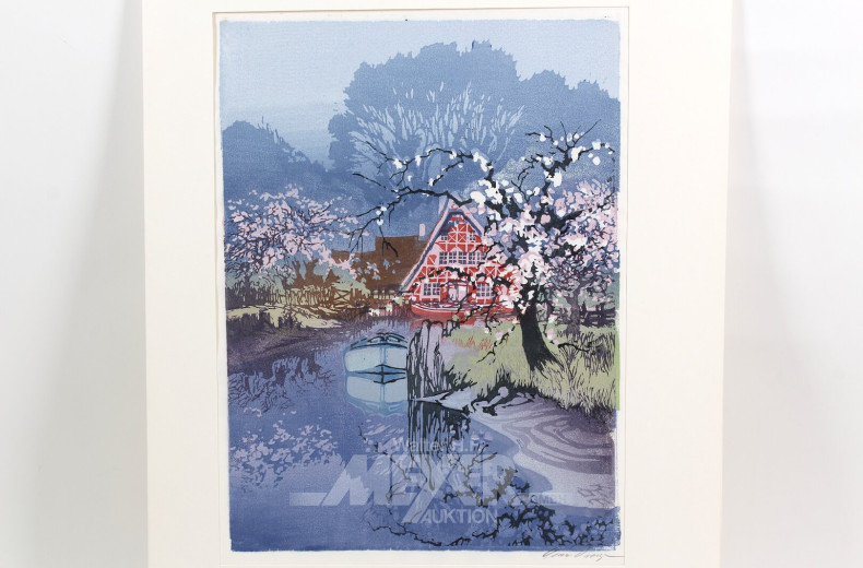 Farbholzschnitt 'Frühlingslandschaft mit Bauernhaus am Bach''