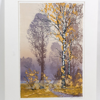 Farbholzschnitt 'Herbstwald mit Trampelpfad''