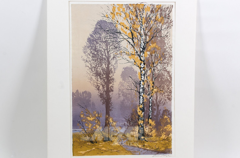 Farbholzschnitt 'Herbstwald mit Trampelpfad''