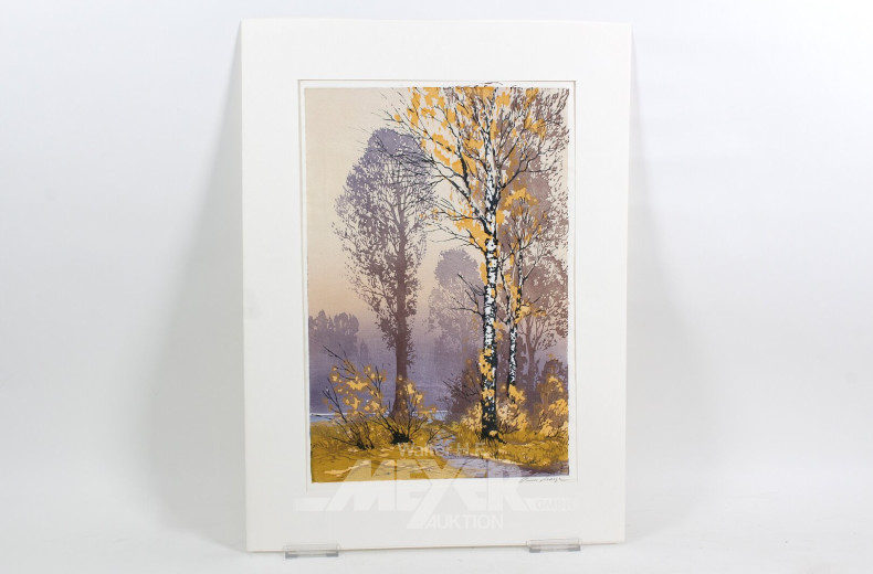 Farbholzschnitt 'Herbstwald mit Trampelpfad''