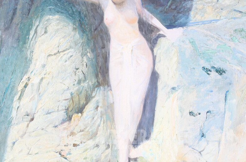 Gemälde "Weibl. Akt am felsigen Ufer"