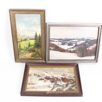 3 kl. Gemälde, u.a. "Frühling", "Berglandschaften", "Winter"