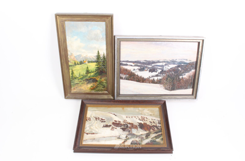 3 kl. Gemälde, u.a. "Frühling", "Berglandschaften", "Winter"