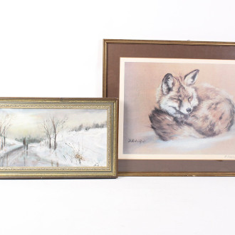 2 winterliche Kunstwerke, best. aus: Kunstdruck 'müder Fuchs' u. Gemälde 'Winterlandschaft mit Spaziergänger'
