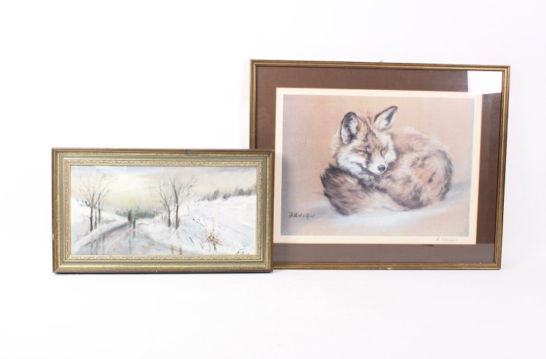 2 winterliche Kunstwerke, best. aus: Kunstdruck 'müder Fuchs' u. Gemälde 'Winterlandschaft mit Spaziergänger'