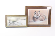 2 winterliche Kunstwerke, best. aus: Kunstdruck 'müder Fuchs' u. Gemälde 'Winterlandschaft mit Spaziergänger'