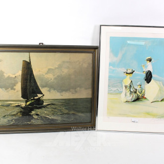 2 Kunstdrucke 'Junge Familie am Strand' und 'Segelschiff'