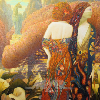 Gr. Gemälde/Mischtechnik 'Zwei Frauen im Botanischen Garten'