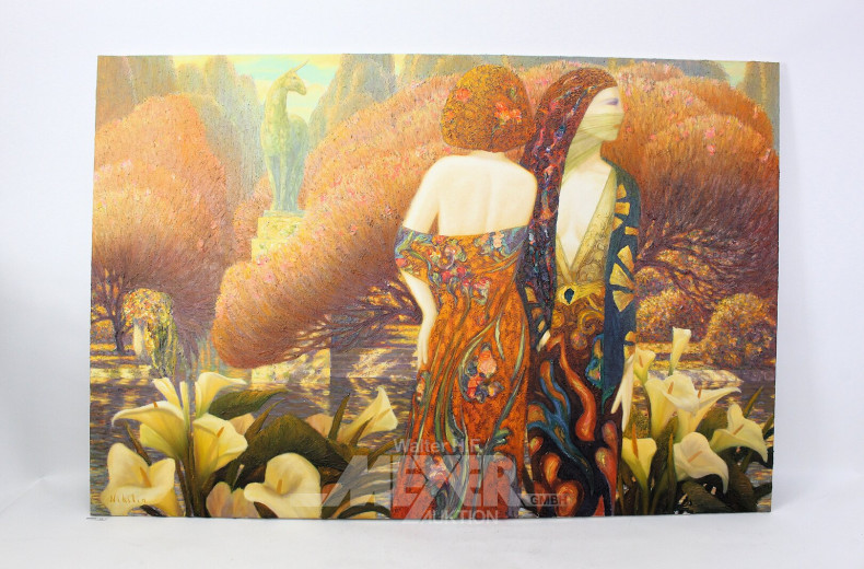 Gr. Gemälde/Mischtechnik 'Zwei Frauen im Botanischen Garten'