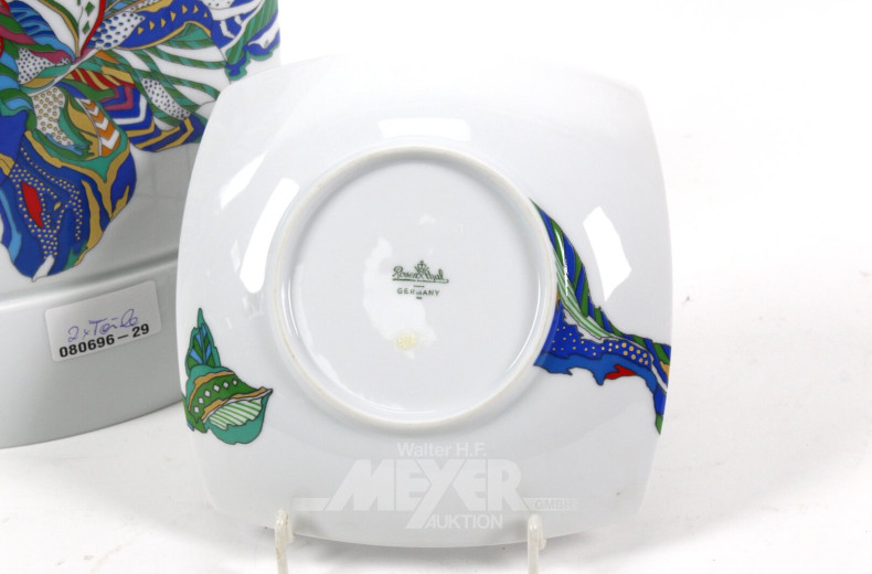 2 Designer-Porzellanteile, best. aus 1 Vase u. 1 kl. Anbietschale