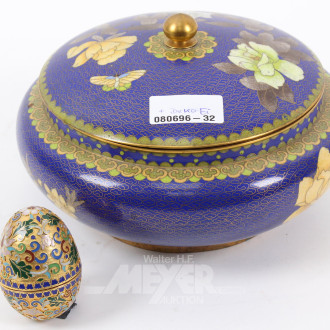 2 Cloisonnée-Teile, best. aus: 1 Deckeldose und 1 Ei