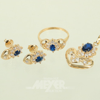 3-tlg. Schmuckset in 21k GG, mit blauen Farbsteinen und Diamant-Imitationen, best. aus: