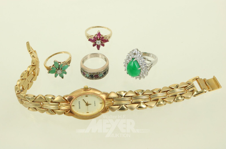 4 Ringe, in überw. 925er Silber mit Farbsteinen, tlw. vergoldet, sowie eine Shivas Armbanduhr, Stahl vergoldet
