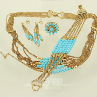 Schmuckgarnitur mit türkisfarbigen Schmucksteinen, best. aus: 6-reihigem Armband u. Collier, Ring und Ohrgehänge