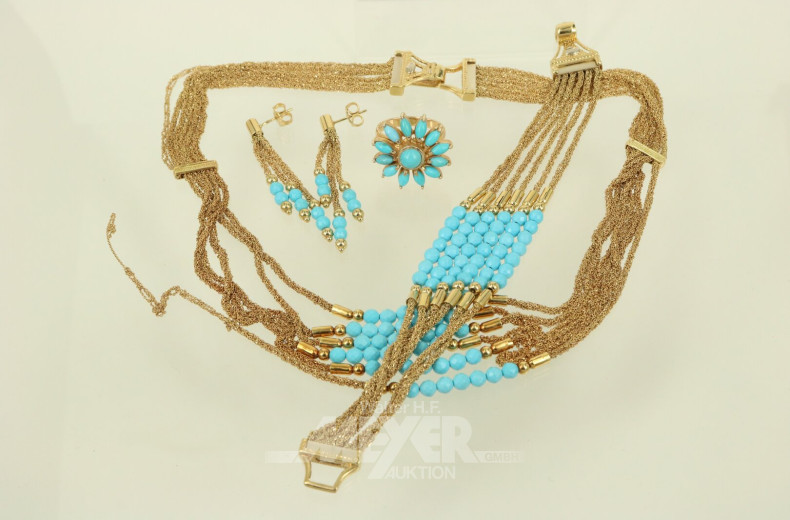 Schmuckgarnitur mit türkisfarbigen Schmucksteinen, best. aus: 6-reihigem Armband u. Collier, Ring und Ohrgehänge