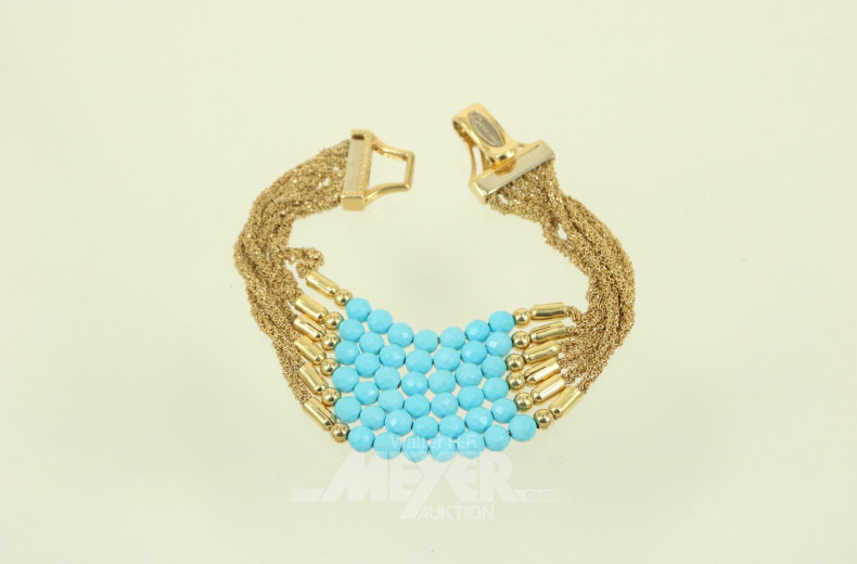 Schmuckgarnitur mit türkisfarbigen Schmucksteinen, best. aus: 6-reihigem Armband u. Collier, Ring und Ohrgehänge