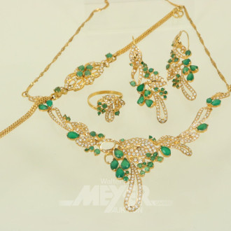 Schmuckgarnitur in 22K GG gestempelt, mit grünen Schmucksteinen und Diamant-Imitationen