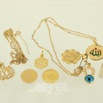 Konvolut oriental. Anhänger, Kettchen und kl. Medaillen in 750er bis 916er GG