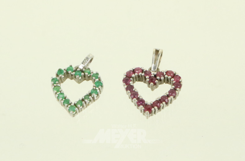 2 Kettenanhänger "Herz", besetzt mit Smaragden und Rubinen