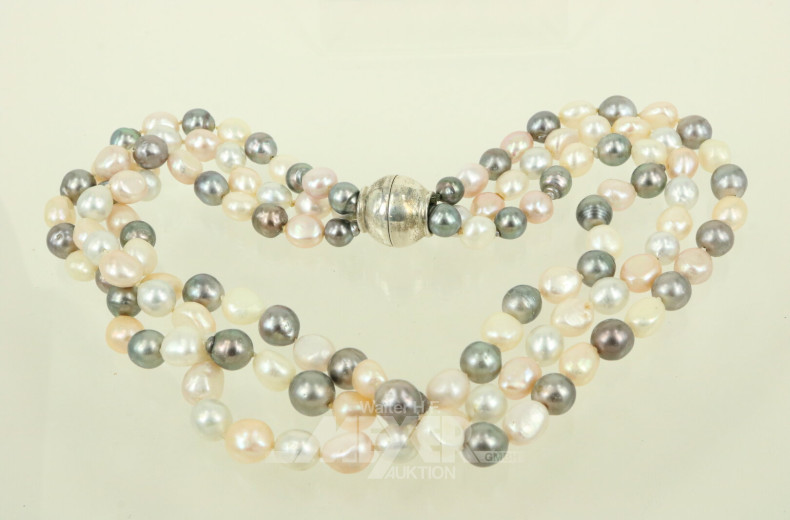 3-reihiges Perlencollier mit Magnetschließe in 925er Silber