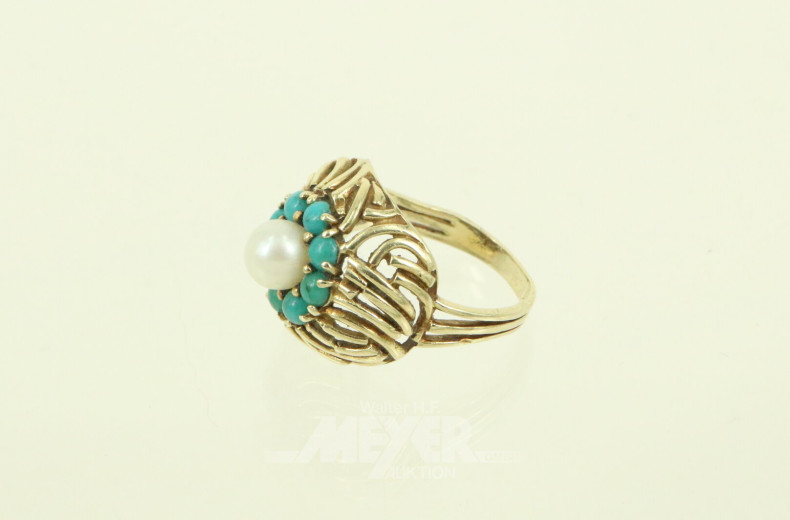 Damenring mit 1 Perle u. kl. Türkisen