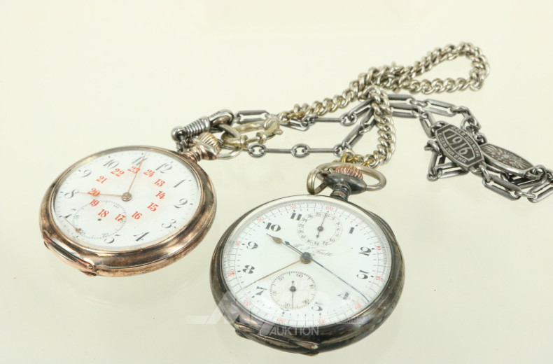 2 Taschenuhren mit Uhrenkette, Sekundenzeiger lose