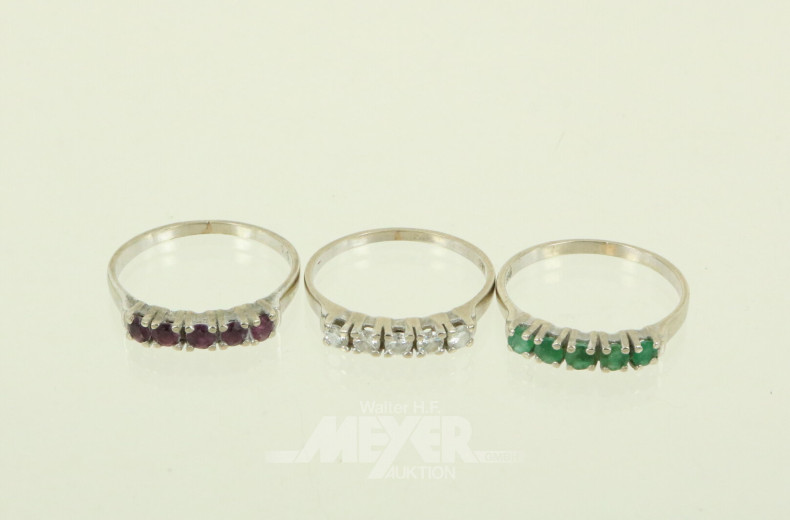 Ring-Set, 3tlg., mit Rubinen, Smaragden, Brillanten