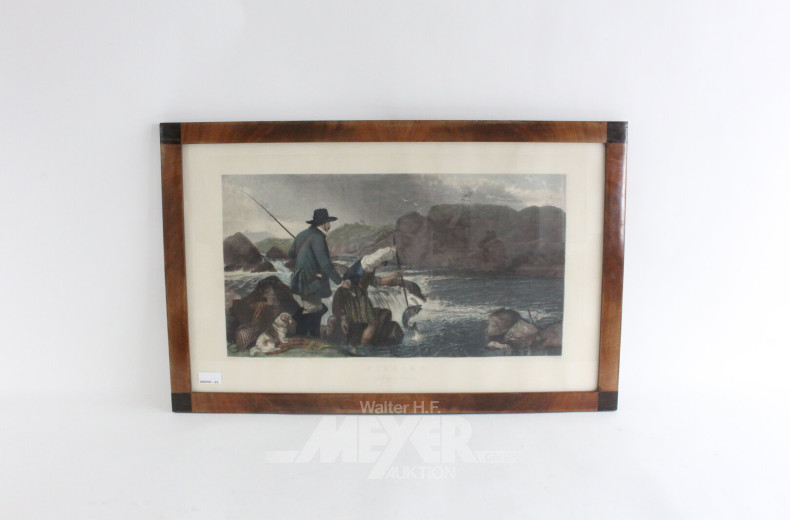 Druckgrafik 'Fishing' im Mahagonirahmen