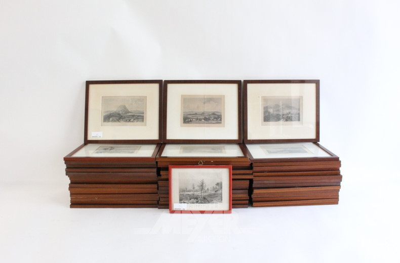 48 Stahlstiche mit Landschaftsdarstellungen im Mahagonirahmen