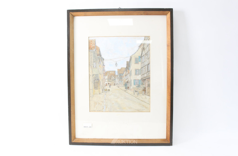 colorierte Zeichnung "Strassenszene" ( rückseitig  bez. Heimgekehrtes Elsaß)