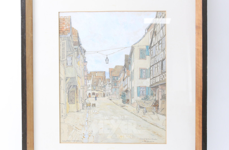 colorierte Zeichnung "Strassenszene" ( rückseitig  bez. Heimgekehrtes Elsaß)