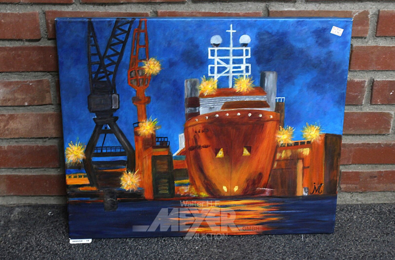 4 Gemälde: "Hafen", "Blumen", "Zwerge" und "Akt"