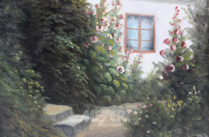 kl. Gemälde  "Hausansicht mit Garten"