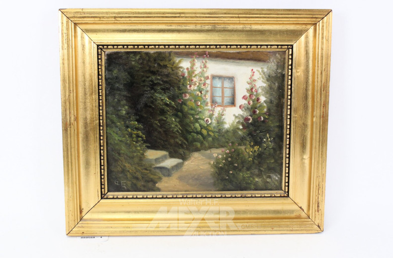 kl. Gemälde  "Hausansicht mit Garten"