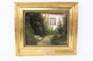 kl. Gemälde  "Hausansicht mit Garten"
