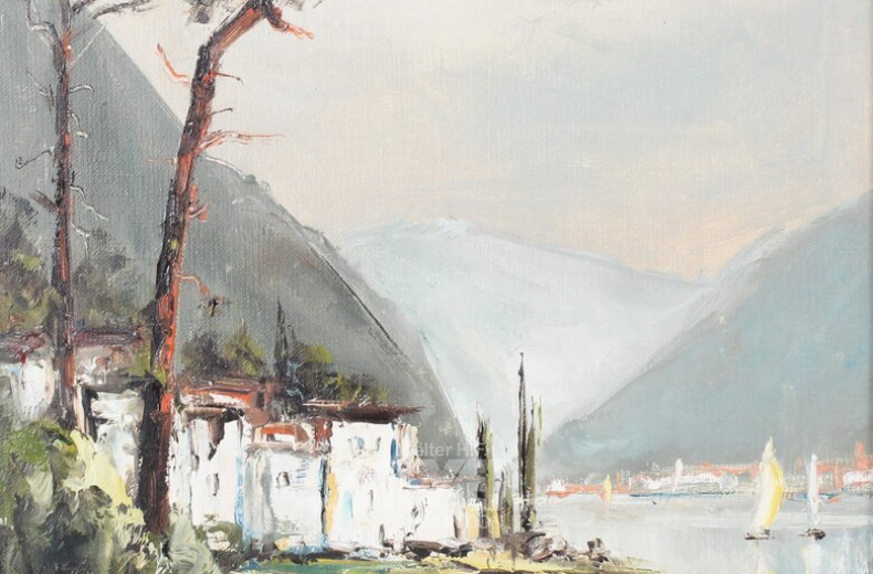 Gemälde  "Bergsee mit Dorf"