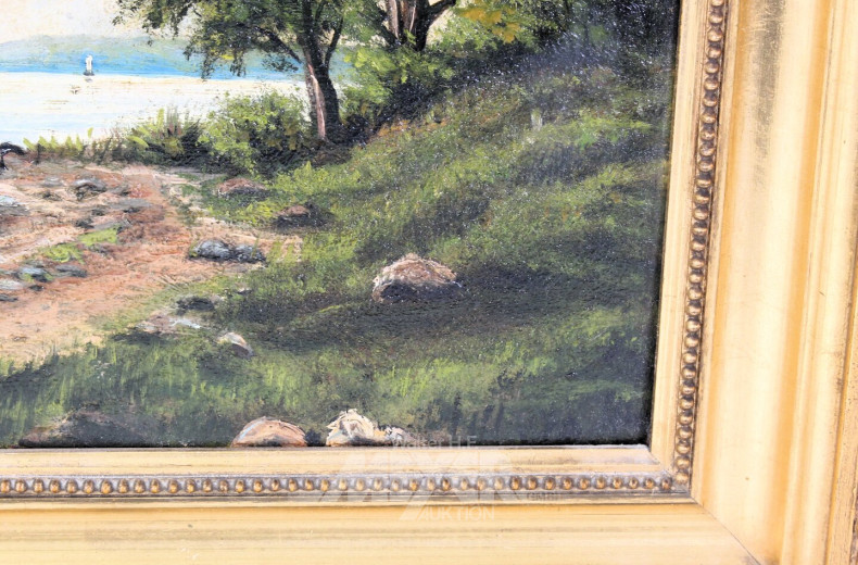 kl. Gemälde  "Segelboot vor Küste"