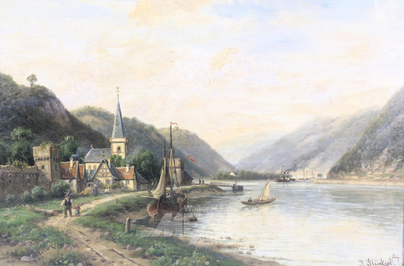 Gemälde 'Flusslandschaft mit Dorfleben'