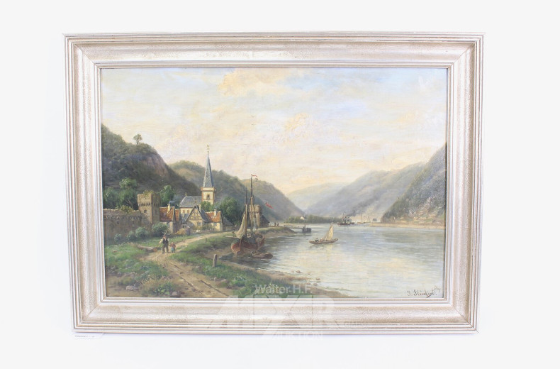 Gemälde 'Flusslandschaft mit Dorfleben'