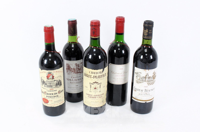5 Flaschen Rotweine aus Frankreich, 1981-1988