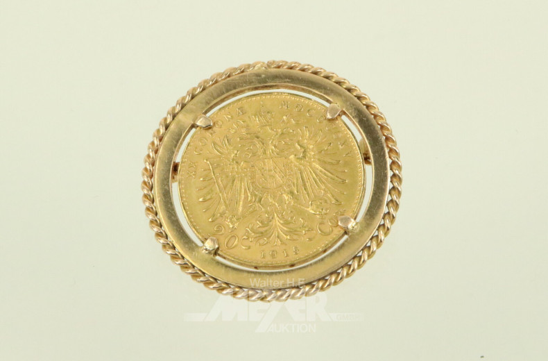 Brosche mit Goldmünze Österreich 20 Kronen Franz Joseph I. 1915