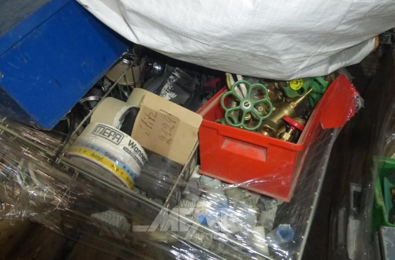 3 Paletten div. Installationsmaterial f. Gebäudetechnik, Gas-, Wasser-, Heizungswesen, u.a. Kupferfittinge, div. Messingschieber