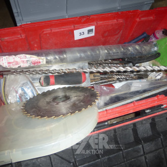 WÜRTH Kunststoff-Rollkiste mit Inhalt: div. Bohrer und Kreissägeblätter sowie div. Werkzeug