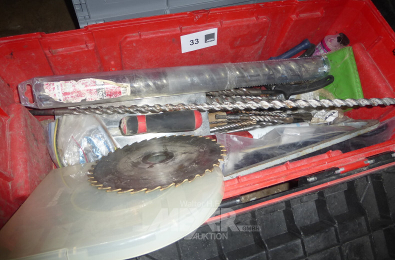 WÜRTH Kunststoff-Rollkiste mit Inhalt: div. Bohrer und Kreissägeblätter sowie div. Werkzeug