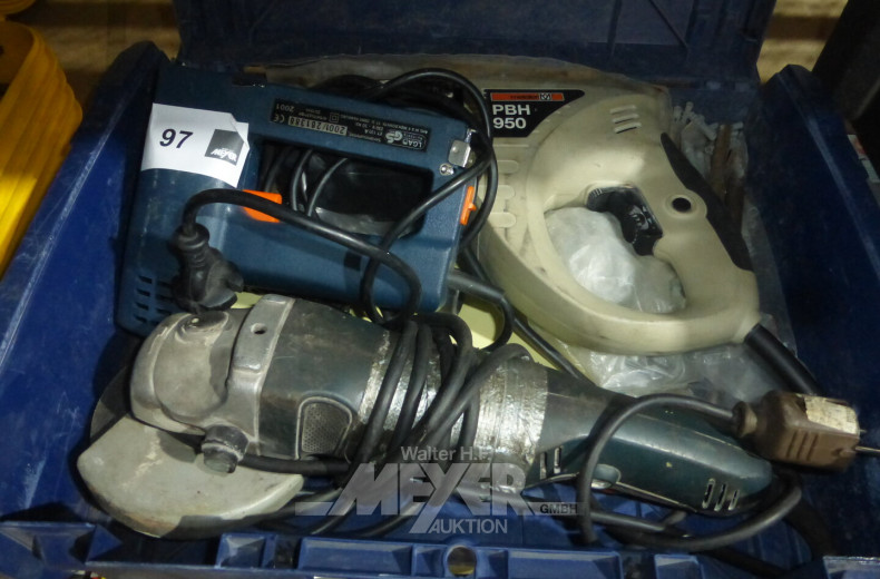 3 Handmaschinen, u.a. Elektro-Tacker, Bohrhammer sowie Winkelschleifmaschine