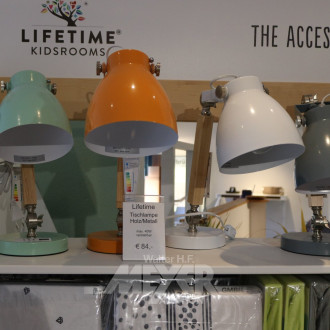 4 Tischlampen in Holz/Metall, verstellbar, versch. Farben