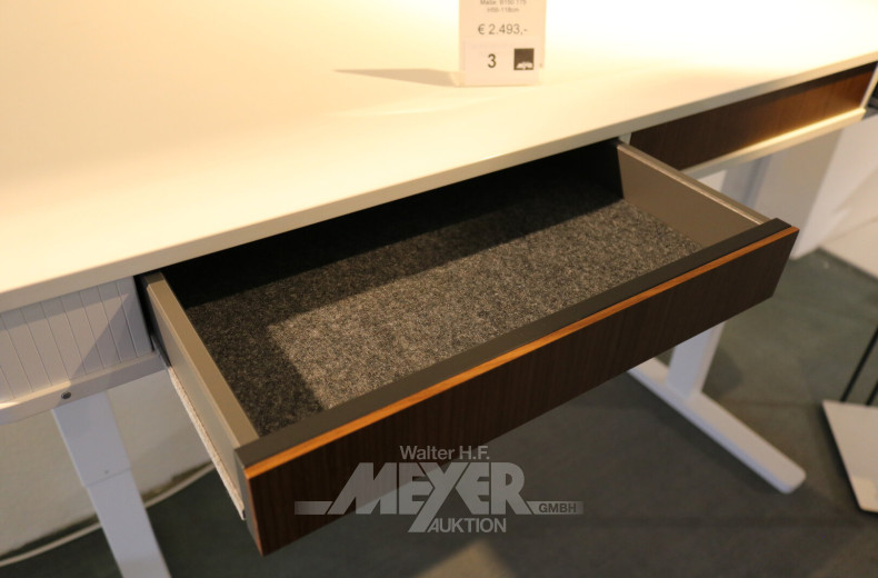 höhenverstellbarer Schreibtisch, Weiß mit Nussbaum-Farbblenden