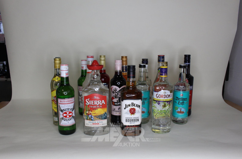 Posten versch. Spirituosen, u.a. Aperitifs, Rum, Likör, Aquavit, Tequila, Whiskey etc.