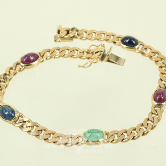 Flachpanzer-Armband, besetzt mit 5 Edelsteinen, 2 x Rubin, 1 Smaragd, 2 x Saphir